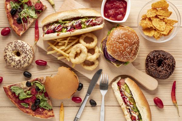 top view arrangement with food wooden background